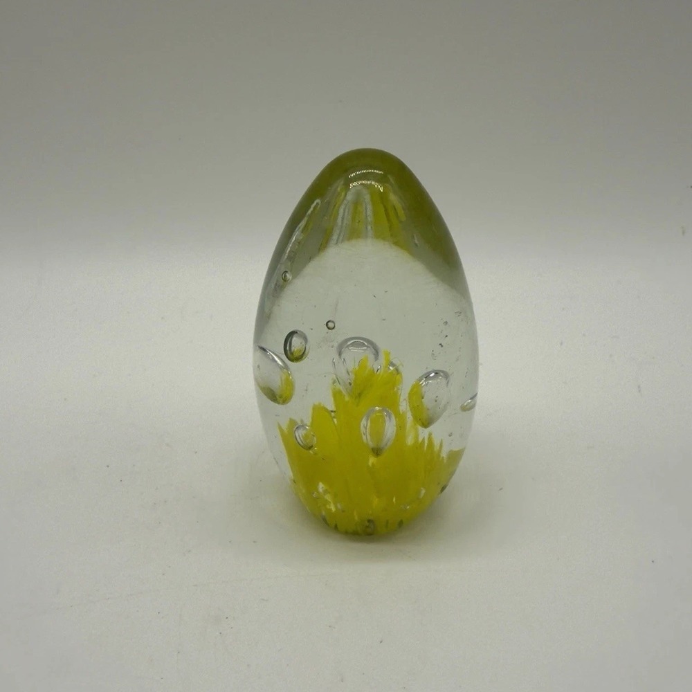 Yellow‎ Hand-Blown Vintage Art Glass Egg Paperweight with Controlled Bubbles 3"